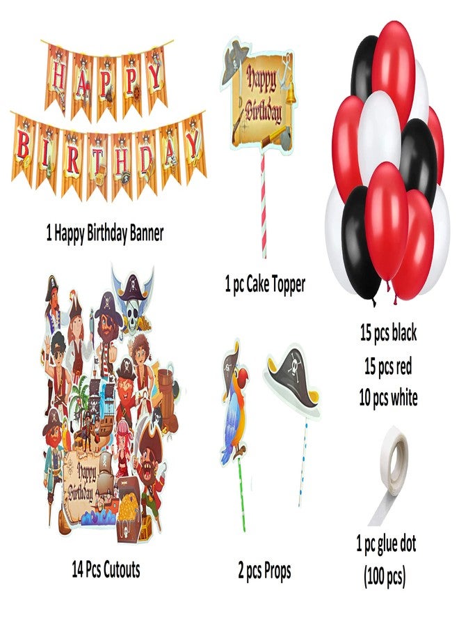 FI - FLICK IN Pirates Latex & Paper 59 pcs Pirate Theme Birthday Decoration Set Banner Props Cake Topper Cutouts Glue Dot Metallic Balloon Pirates Theme Decoration for Birthday (Pack of 59,Multicolor) - Image 2